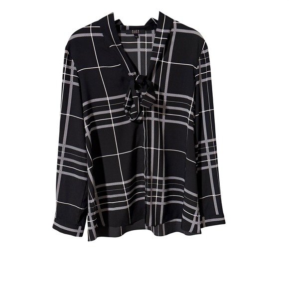 Alex Marie Paulina Blouse Black Ivory Plaid Tie Neck Long Sleeve Women L - Picture 2 of 8